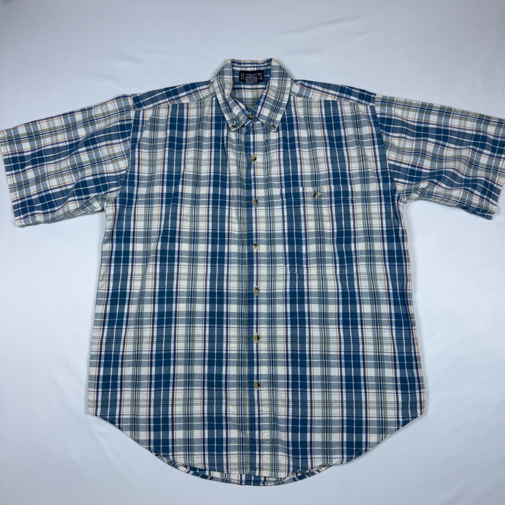 Honors Plaid Button Down Shirt Mens Medium Blue Short Sleeve Good Cotton Check